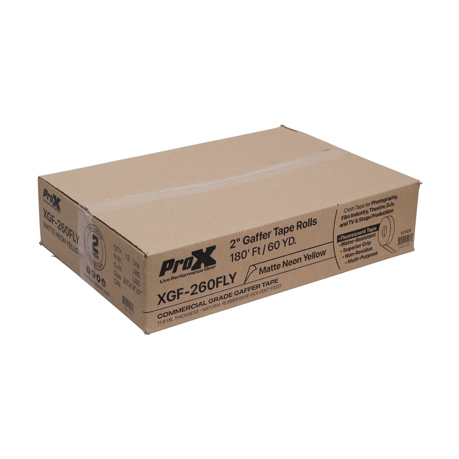ProX XGF-260FLY, 2 Inch 60YD Fluorescent Yellow Commercial Grade Gaffer Tape - 180Ft by ProX Cases
