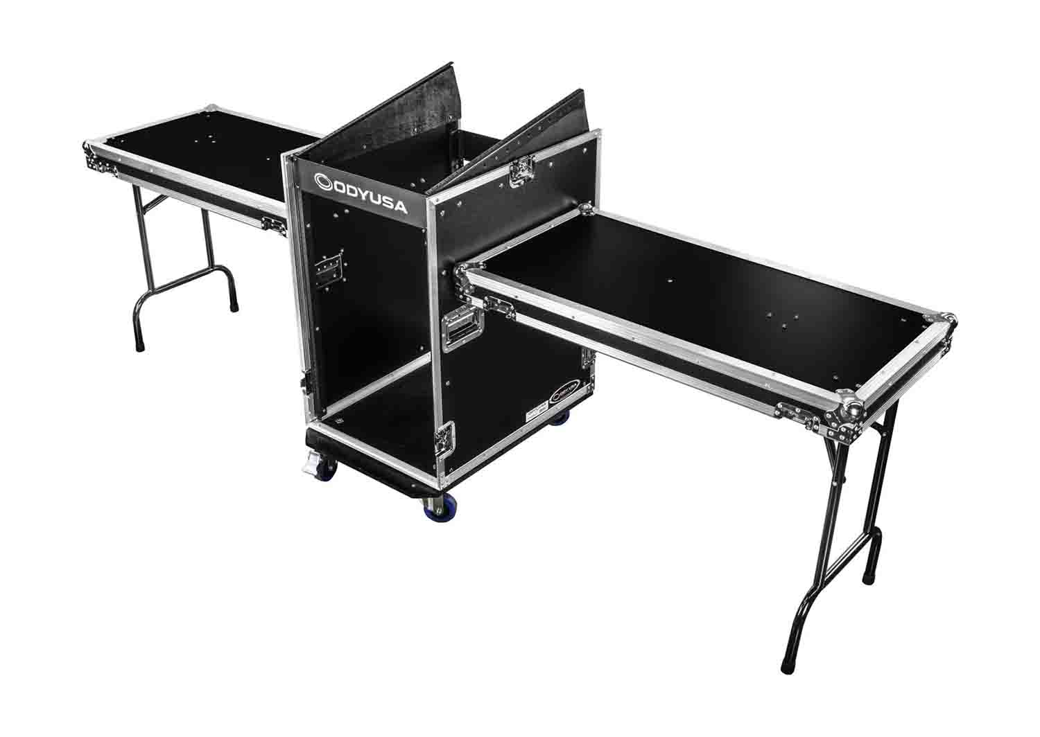 Odyssey FZ1416WDLX-II Deluxe 14U Top Slanted 16U Bottom Vertical Pro Combo Rack with Two Side Tables and Casters