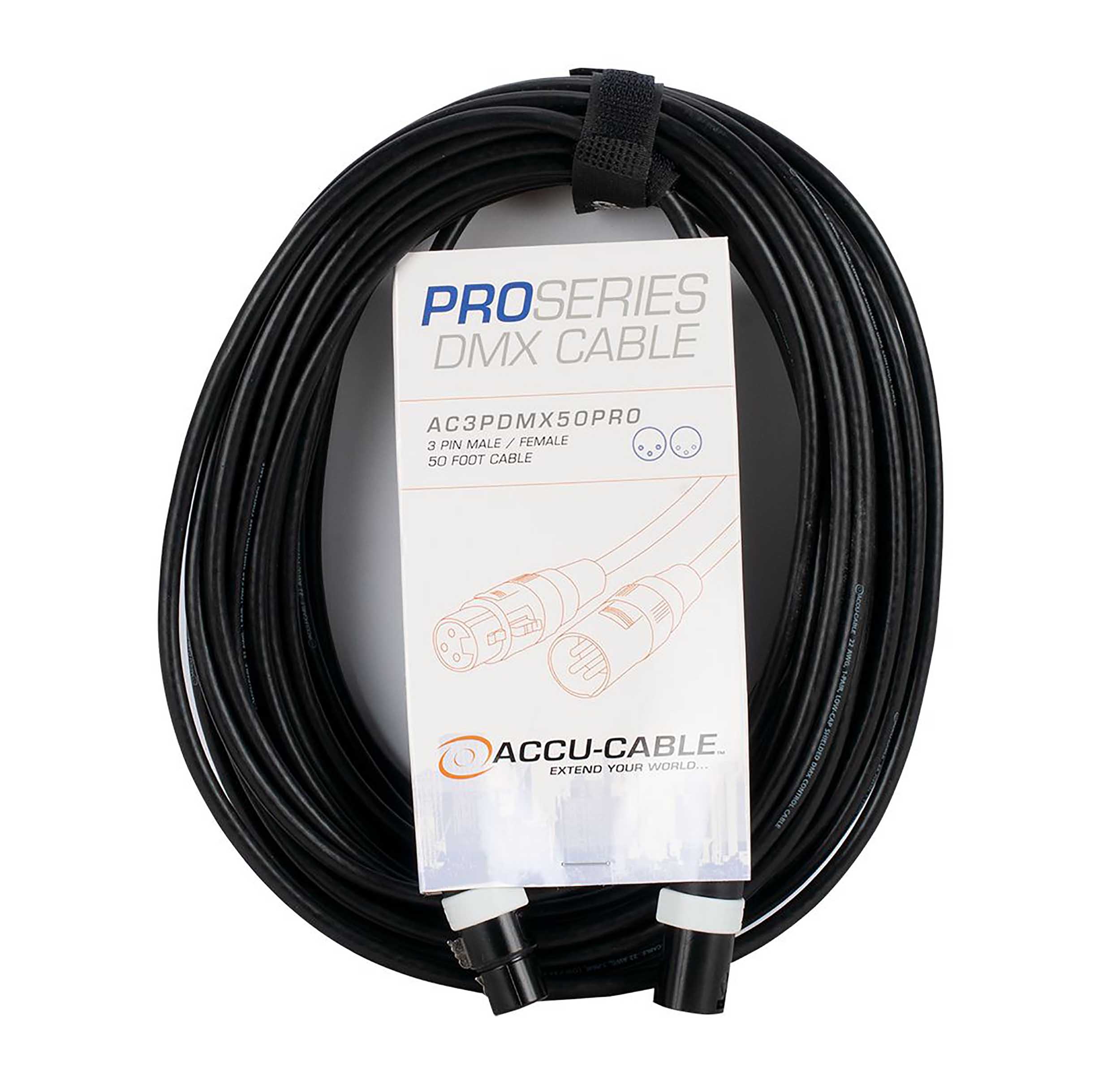 Accu-Cable AC3PDMX50PRO, 3-Pin Male to 3-Pin Female DMX Cable - 50 Ft by Accu Cable