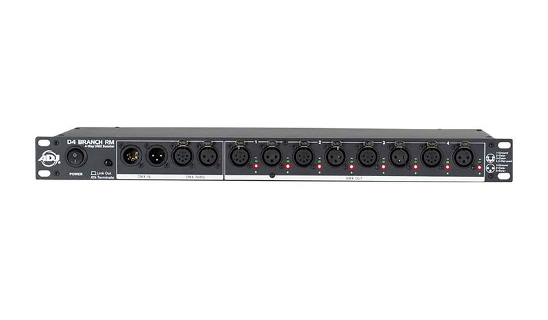ADJ D4 Branch RM, 4-Way Distributor/Booster With 3-Pin And 5-Pin XLR Input and Output Jacks by ADJ