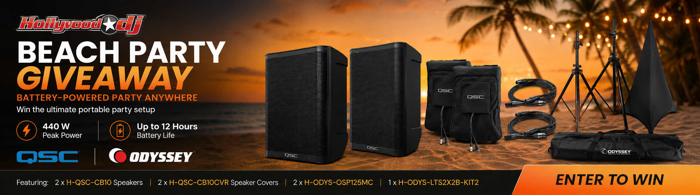 Promotional giveaway banner for the Heywood Roll Beach Party Speaker Set, showing multiple portable speakers, a speaker stand, cables, and accessories against a sunset beach backdrop with palm trees. Large text advertises the giveaway and lists features and compatible brands including OSC and Odyssey.