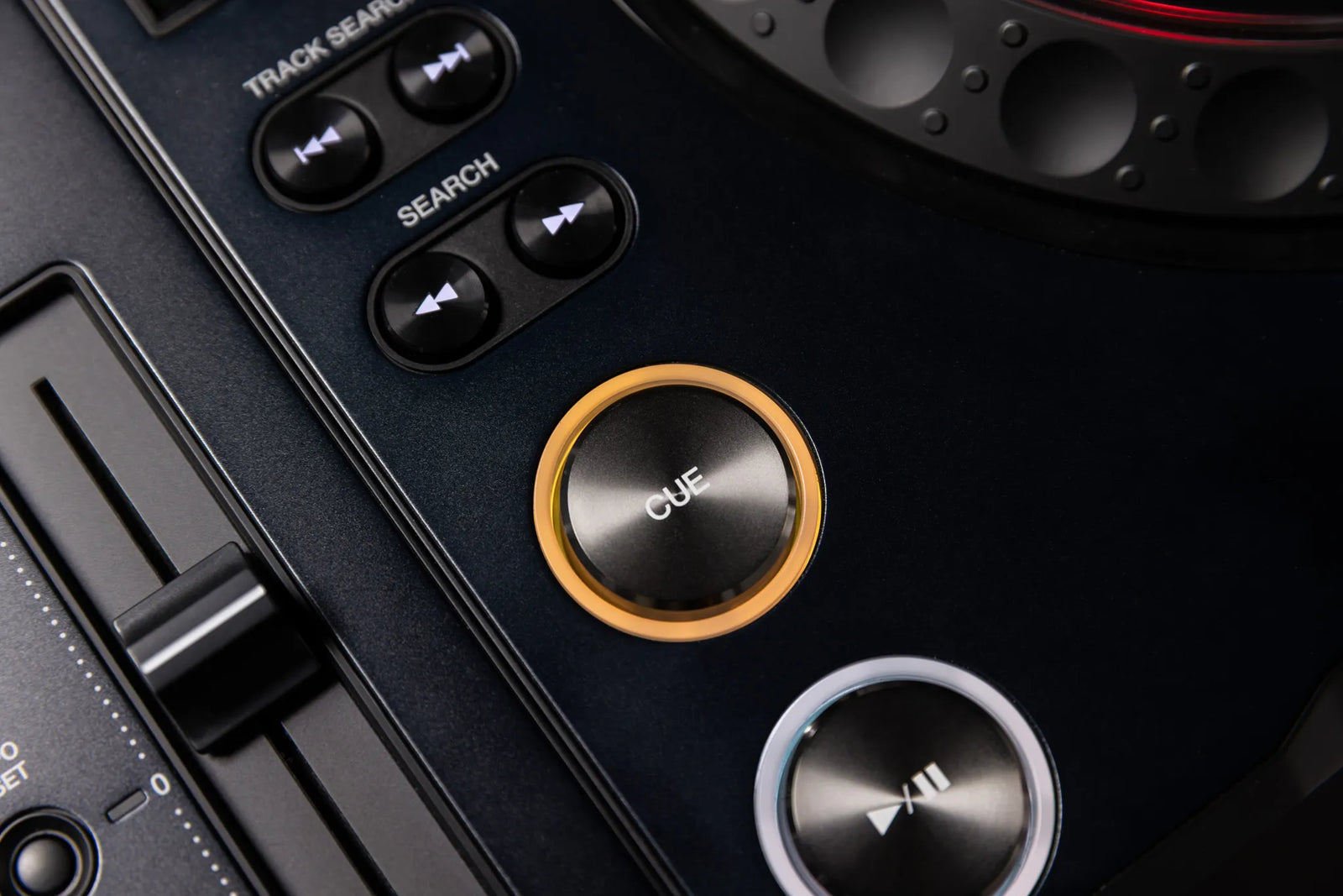 AlphaTheta CDJ-3000X cue and play button detail with tempo fader - Hollywood DJ
