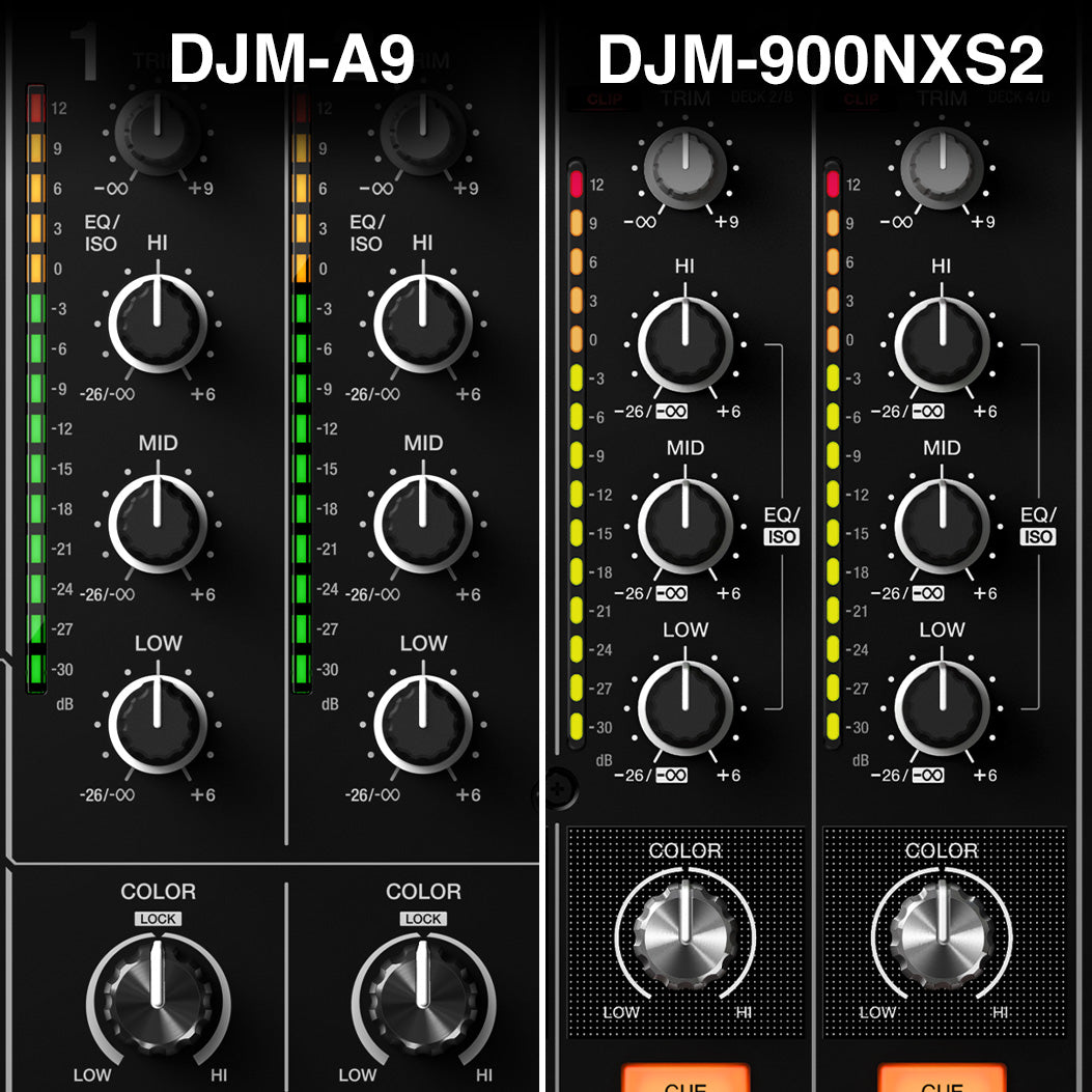 Pioneer DJ DJM-A9 channel section and EQ knob spacing detail - Hollywood DJ