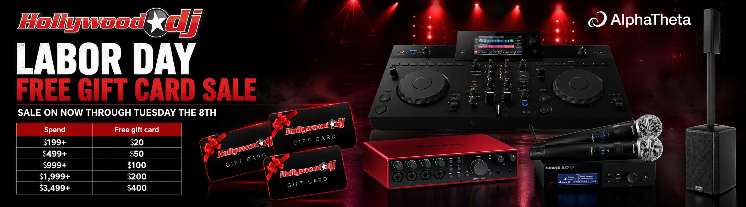 Promotional banner for an AlphaTheta DJ equipment bundle during a Labor Day free gift card sale. The image shows a black DJ controller, mixer, speakers, and other audio gear with red lighting accents, alongside a pricing table and the text 'LABOR DAY FREE GIFT CARD SALE'.