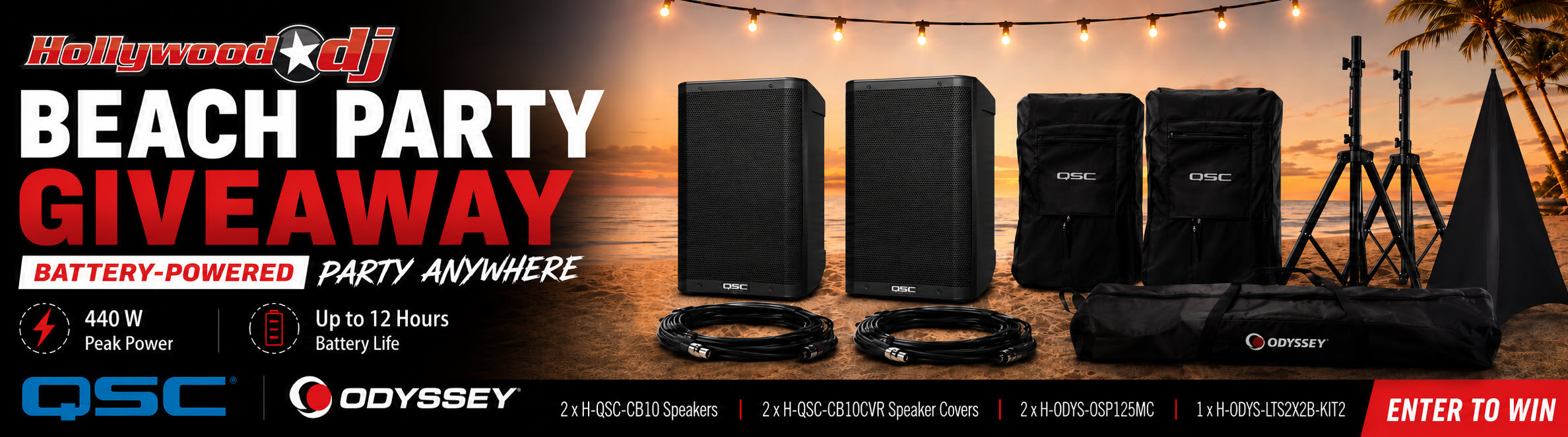 Promotional banner for a QSC and Odyssey Beach Party Giveaway, showing multiple black portable speakers, a speaker stand, and bags against a sunset beach backdrop with the text 'BEACH PARTY GIVEAWAY' and 'ENTER TO WIN'.