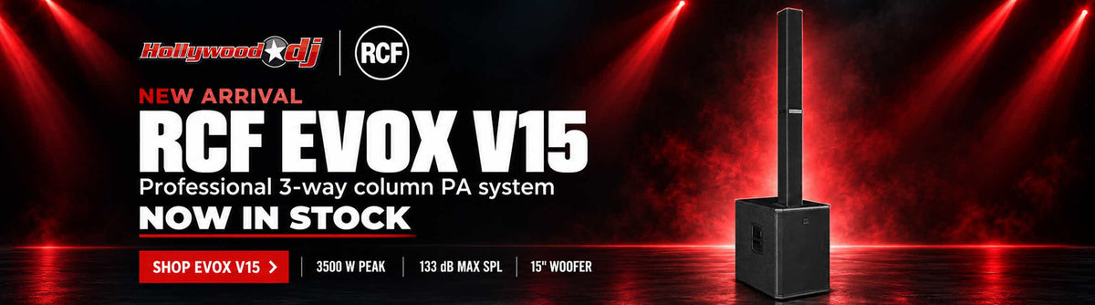 Promotional banner for the RCF EVOX V15 professional 3-way column PA system, showing a black speaker on a dark stage with red spotlighting and text reading 'NEW ARRIVAL' and 'NOW IN STOCK'.