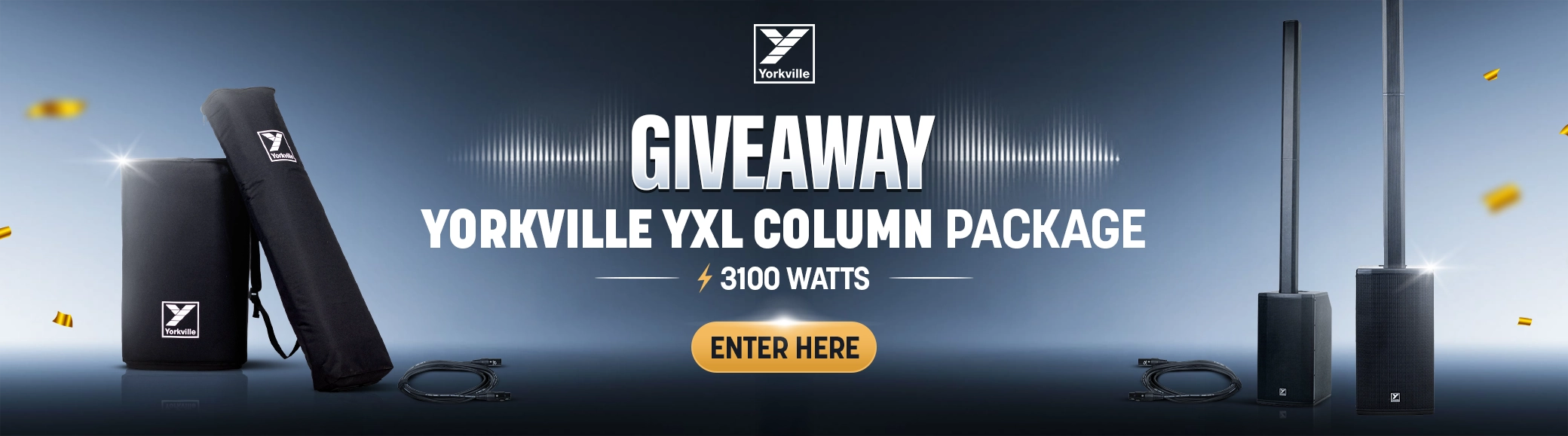 Promotional banner for a giveaway of Yorkville YXL column package with sound wave graphic on a blue background.