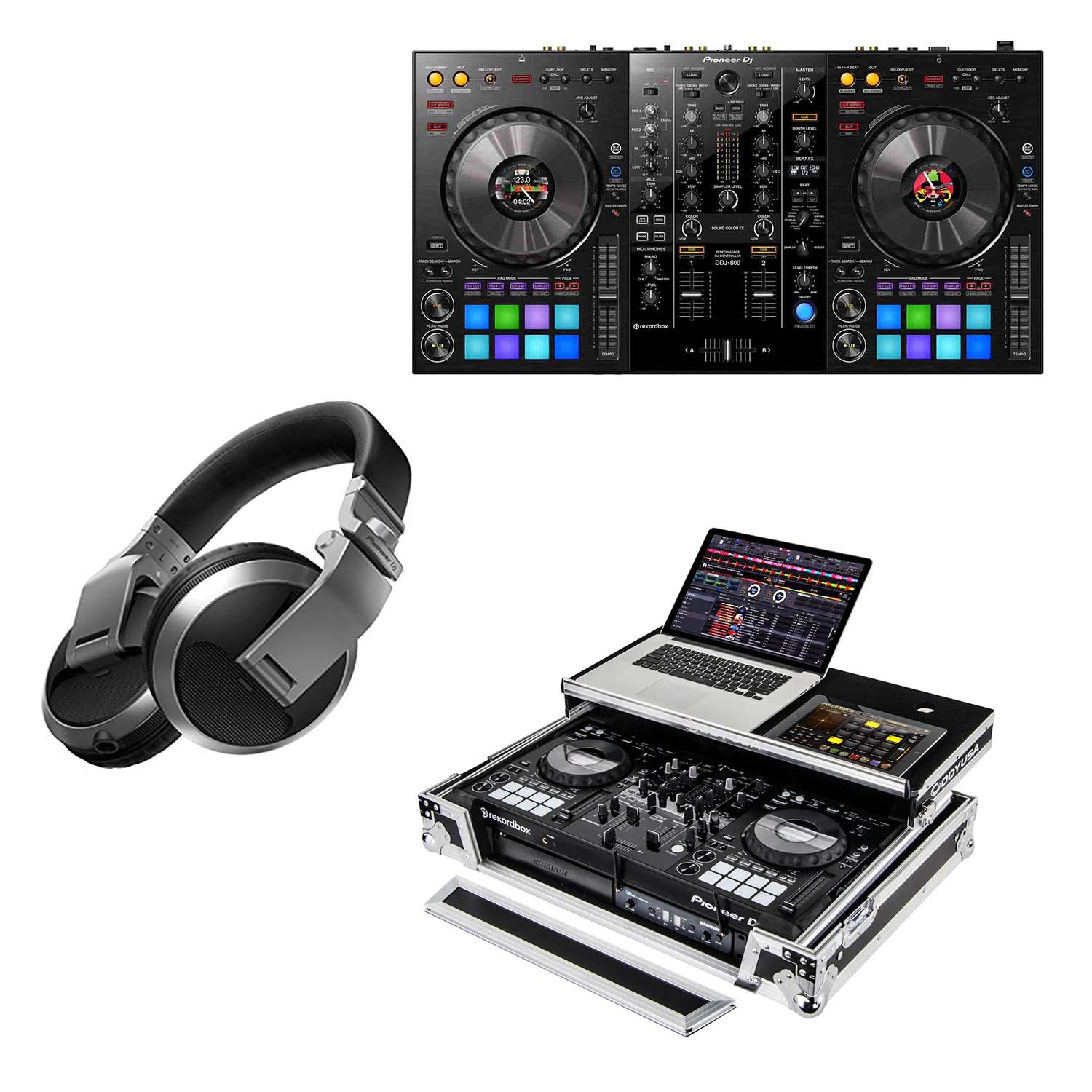 Pioneer DDJ-800 DJ Controller Bundle Deal Odyssey Case with HDJ-X5-S Headphones Silver DJ Package