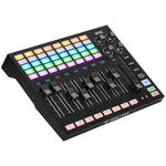 ADJ WMX WING motorized fader extension, angled view with the lit 8 x 5 matrix, faders and encoders - Hollywood DJ
