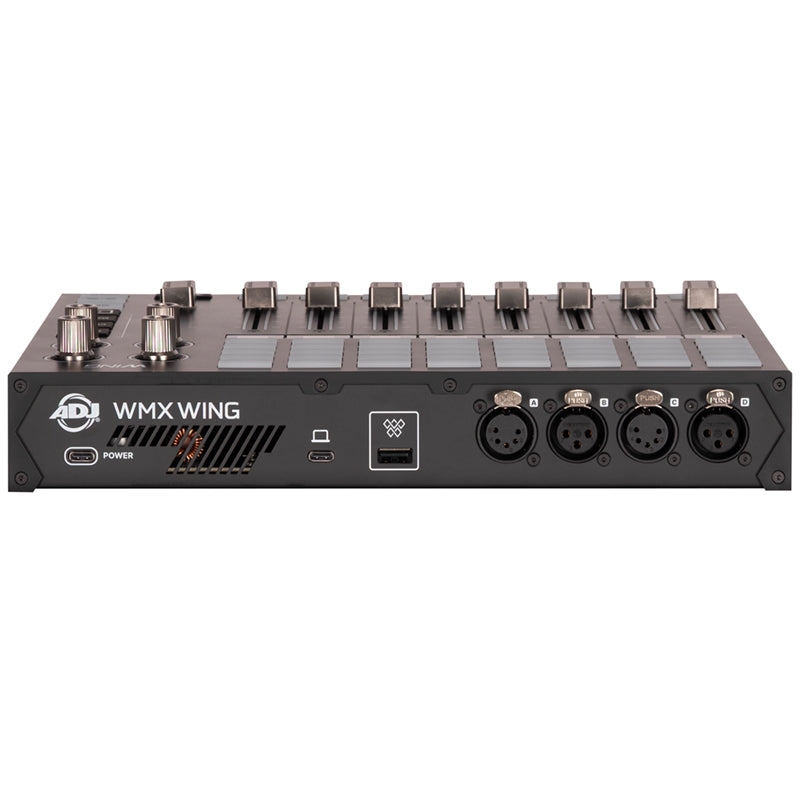 ADJ WMX WING rear panel with USB-C power, USB-C data, USB-A for the WMX1 and four DMX XLR outputs - Hollywood DJ