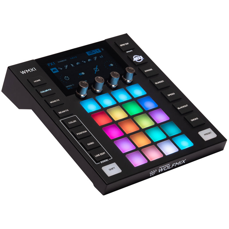 ADJ WMX1 MK3 Wolfmix standalone DMX lighting controller, angled view with lit pads, touchscreen and ADJ badge - Hollywood DJ