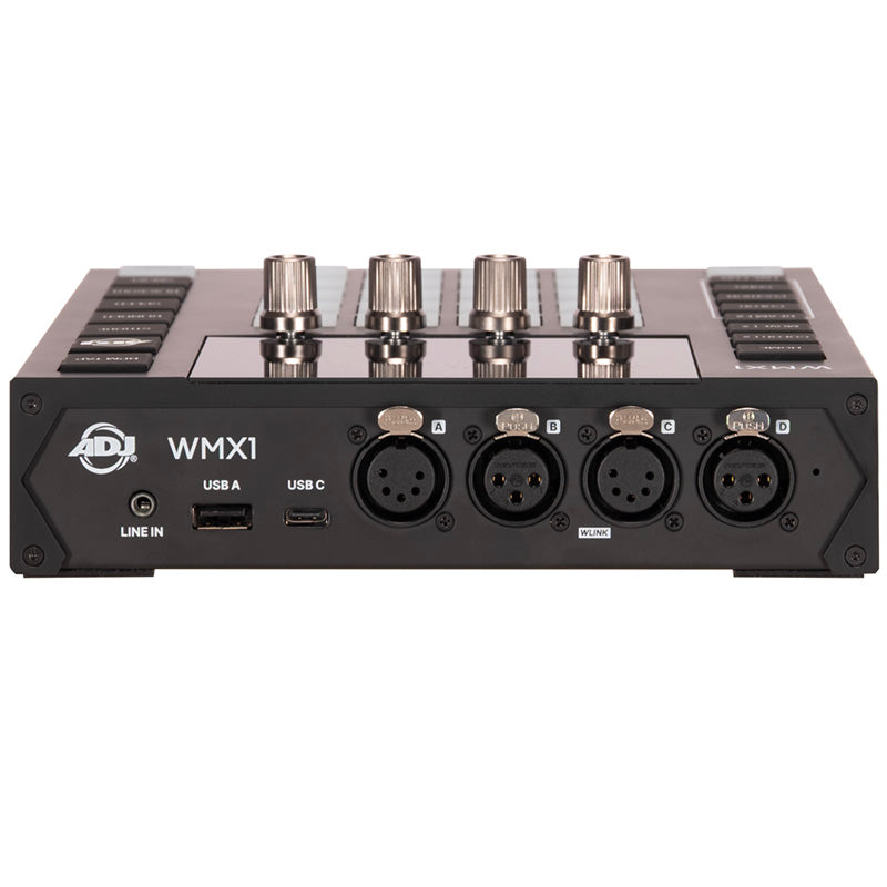 ADJ WMX1 MK3 rear connector panel with 3.5 mm line in, USB-A, USB-C power and four DMX XLR outputs, WLINK on output C - Hollywood DJ