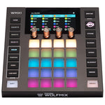 ADJ WMX1 MK3 top view with the 4.3-inch color touchscreen, four copper encoders, 20 backlit pads and Powered by Wolfmix front edge - Hollywood DJ