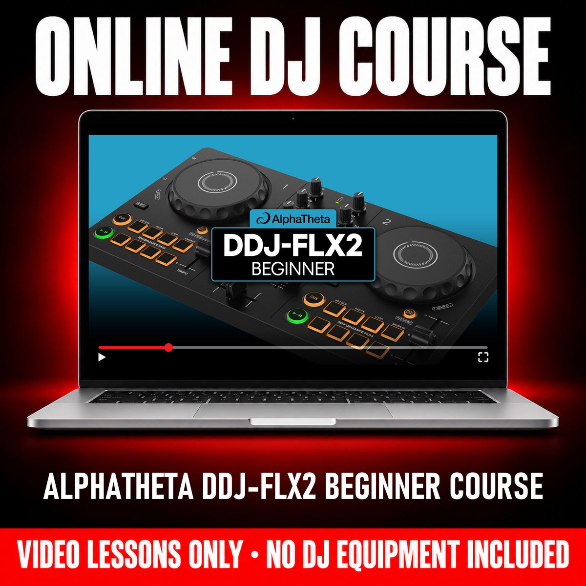 AlphaTheta DDJ-FLX2 Beginner Course, online DJ video course by Crossfader shown on a laptop, video lessons only, no DJ equipment included - Hollywood DJ