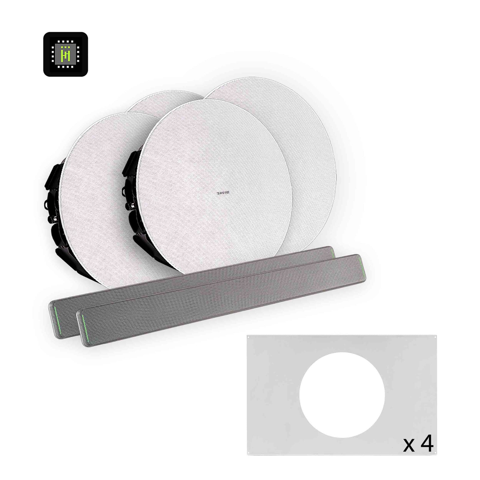 Shure 712L AL-V Ecosystem DJ Package Including 2 MXA710-2FT Linear Microphone, 1 IMX-RM8-SUB5, 4 MXN5W-C Ceiling Loudspeaker and 4 Tile Bridge by Shure