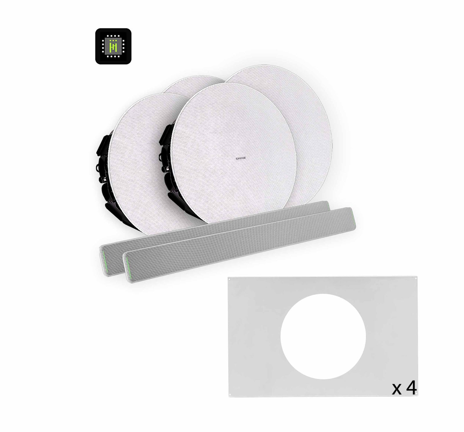 Shure 712L W-V Ecosystem DJ Package Including 2 MXA710-2FT Linear Microphone, 1 IMX-RM8-SUB5, 4 MXN5W-C Ceiling Loudspeaker and 4 Tile Bridge by Shure