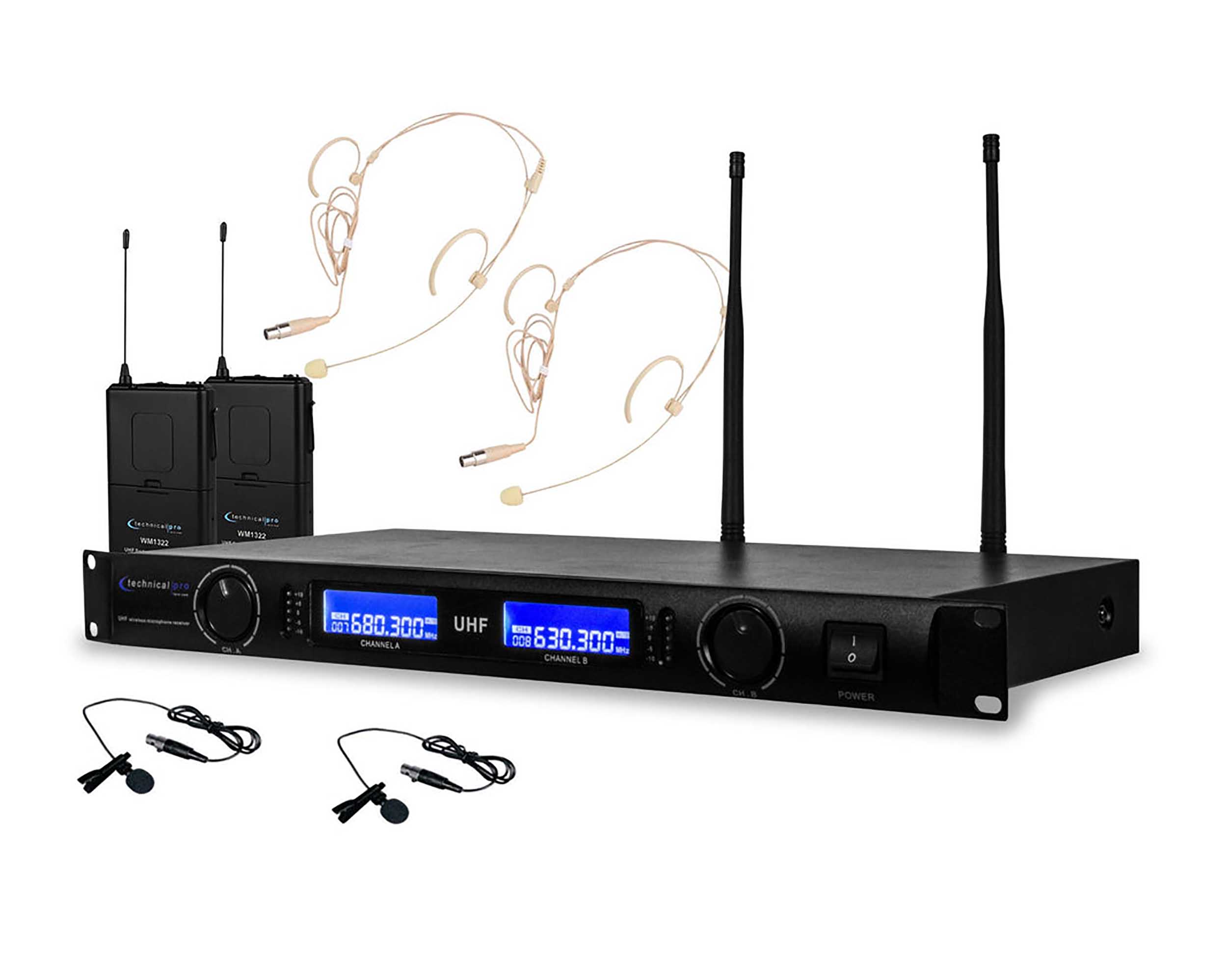 Technical Pro WM1352 Professional UHF Dual Wireless Microphone Lapel and Headset System by Technical Pro