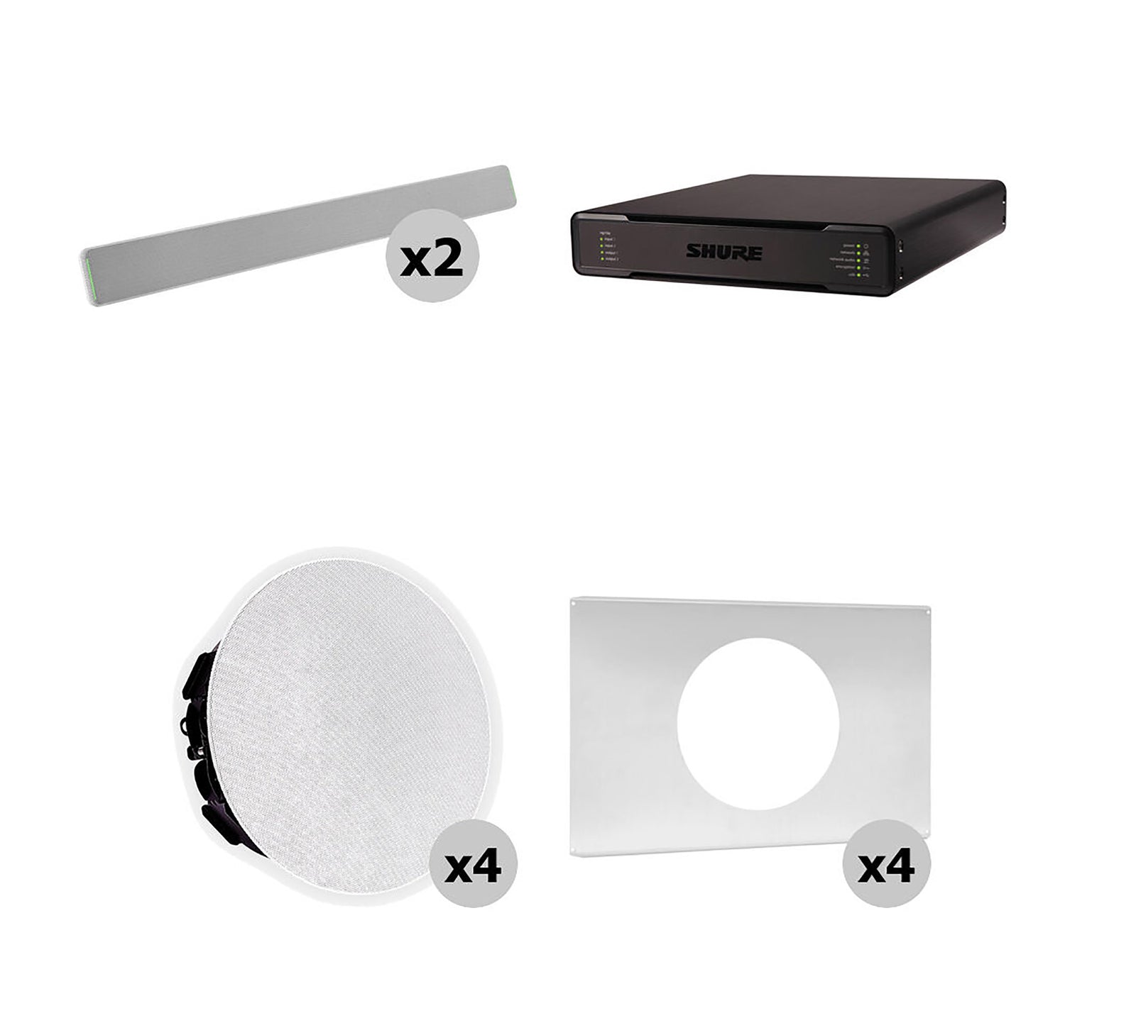 Shure 712X W-V Ecosystem DJ Package Including 2 MXA710-2FT Linear Microphone, 1 P300-IMX Audio Processor, 4 MXN5W-C Ceiling Loudspeaker + 4 Tile Bridge by Shure