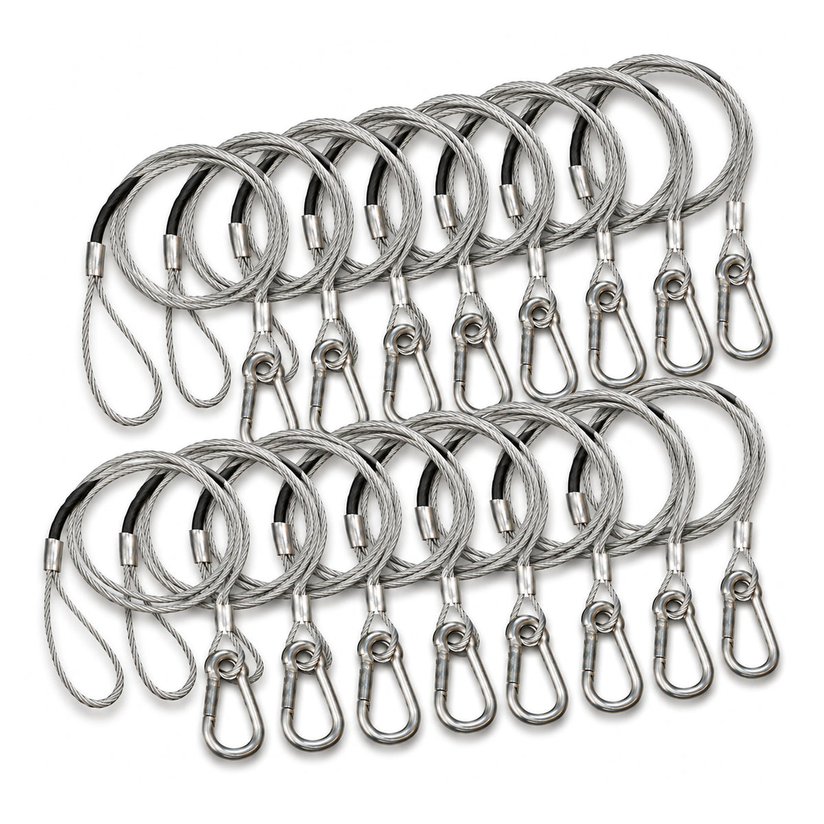 Chauvet DJ CH-05 Safety Cable 16-Pack, sixteen 31-inch steel safety cables stacked in two rows with snap-hook carabiners - Hollywood DJ