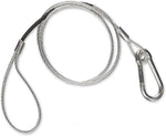 Chauvet DJ CH-05 safety cable close-up, loop end with aluminum ferrule and black sleeve, snap-hook carabiner end - Hollywood DJ
