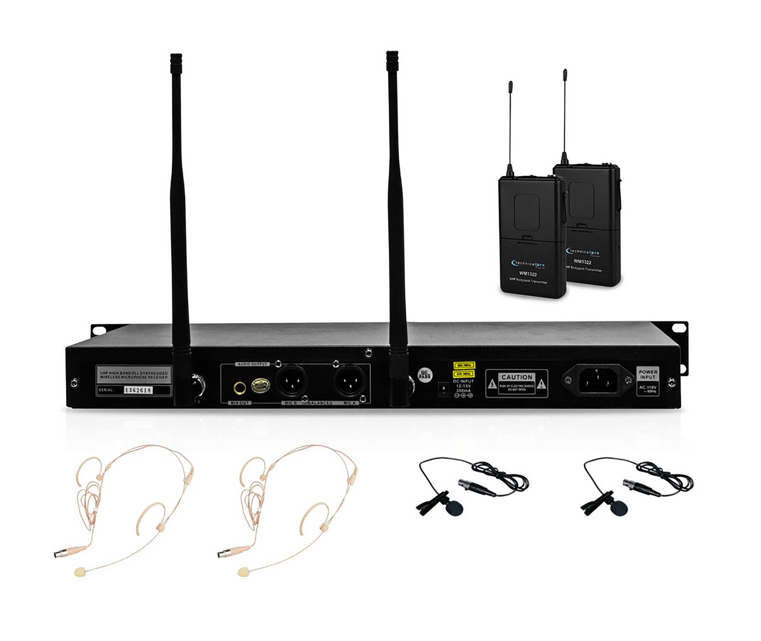 Technical Pro WM1352 Professional UHF Dual Wireless Microphone Lapel and Headset System by Technical Pro