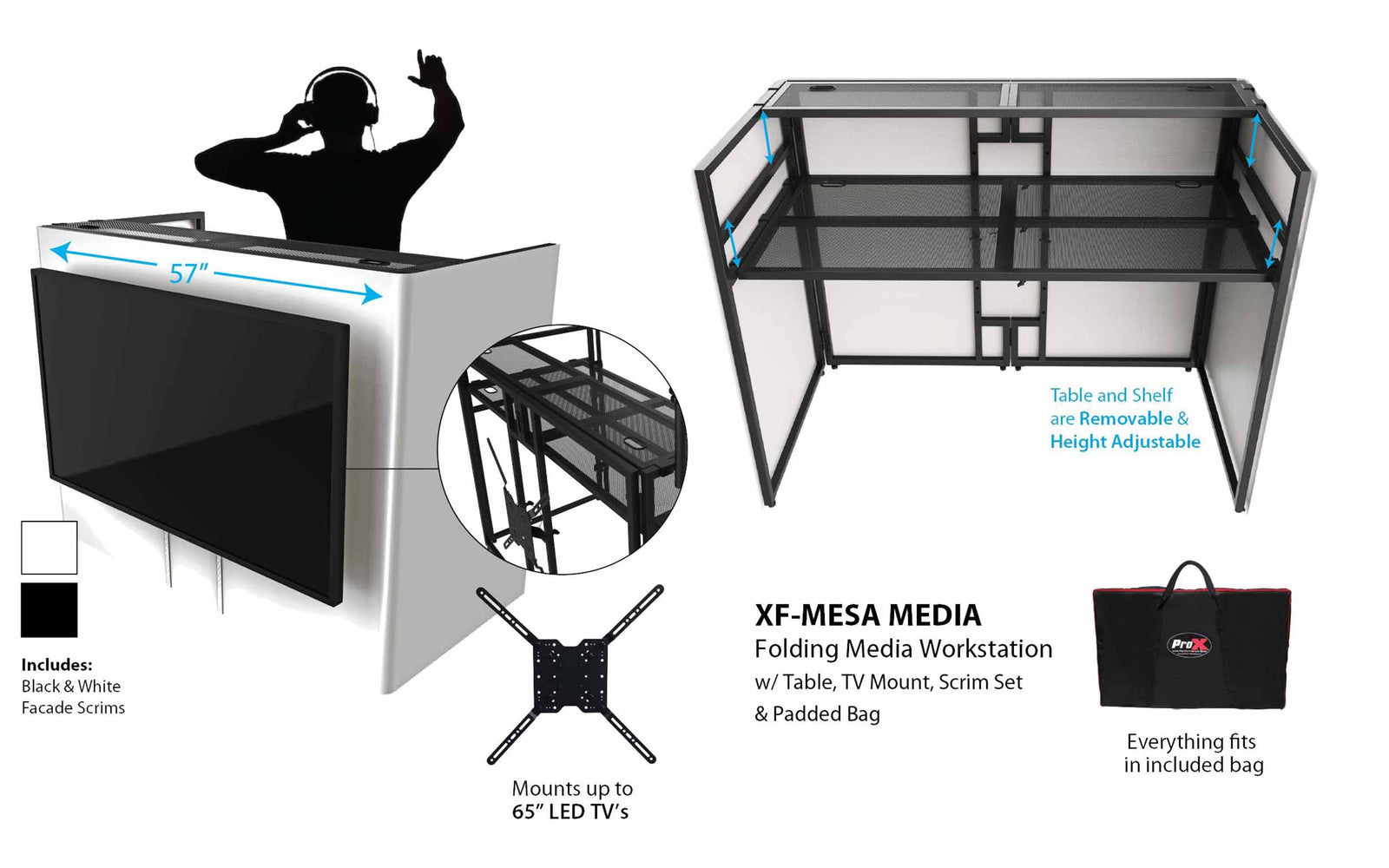 ProX XF-MESAMEDIATRUSSPKG, Full DJ Workstation Includes Truss TV Bracket Mount White and Black Scrims and Carry Bag by ProX Cases