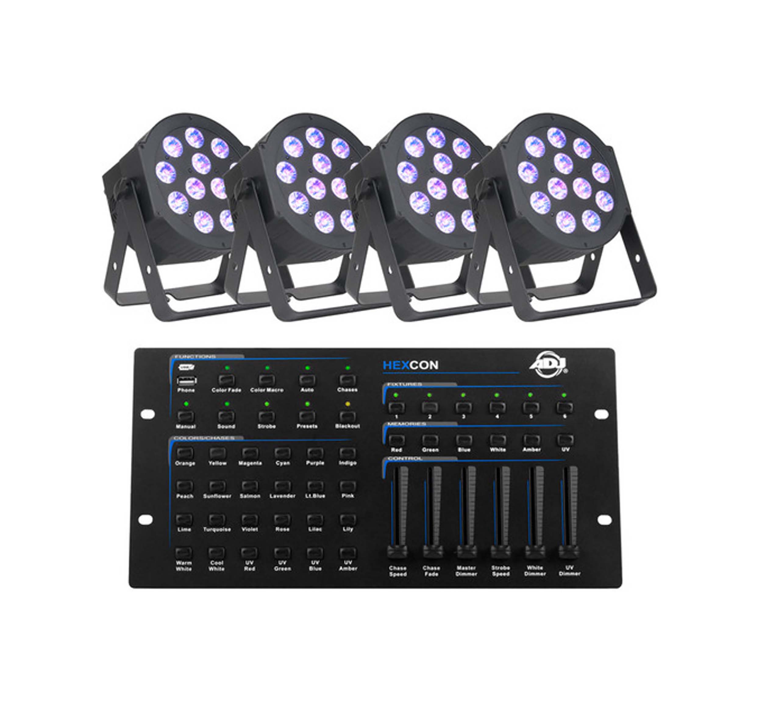 ADJ HEX PX PAR HEXCON PAK, Four (4) 12PX HEX LED Par Fixtures and HEXCON Controller - Black