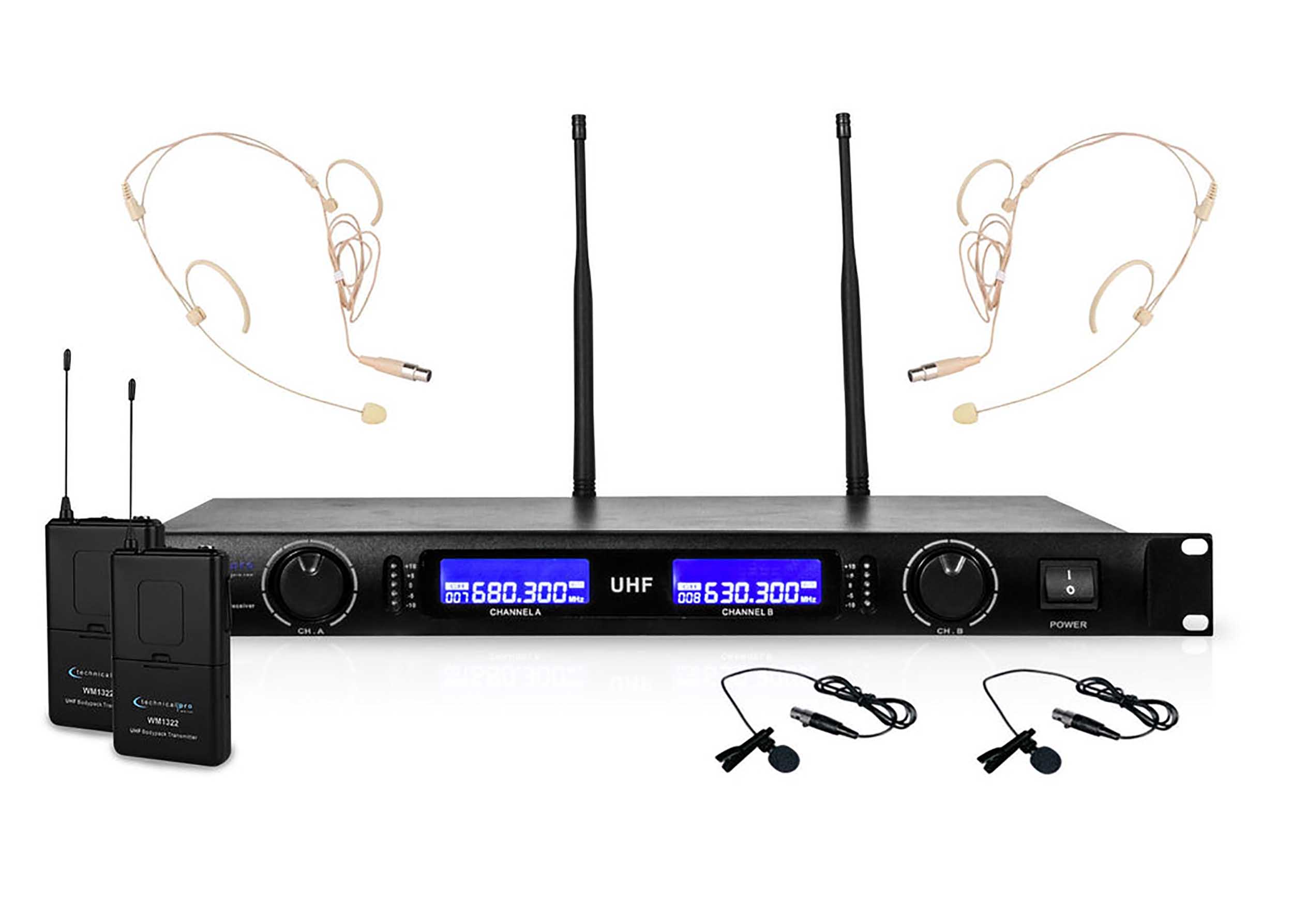 Technical Pro WM1352 Professional UHF Dual Wireless Microphone Lapel and Headset System by Technical Pro