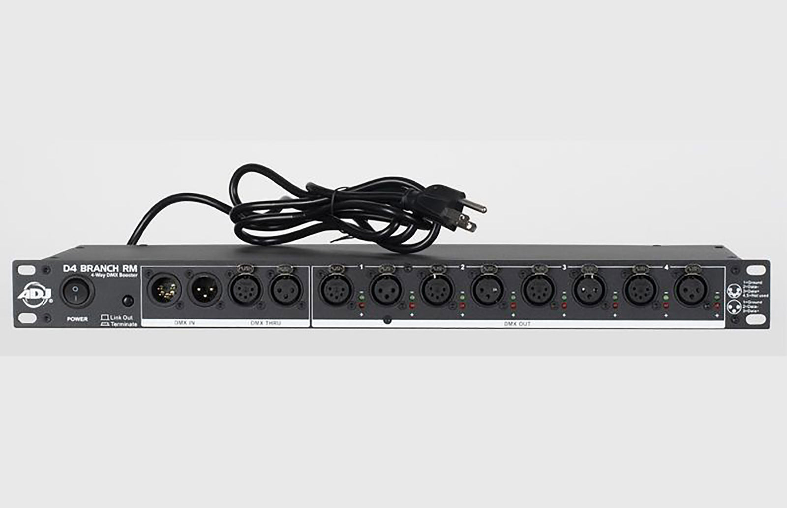 ADJ D4 Branch RM, 4-Way Distributor/Booster With 3-Pin And 5-Pin XLR Input and Output Jacks by ADJ