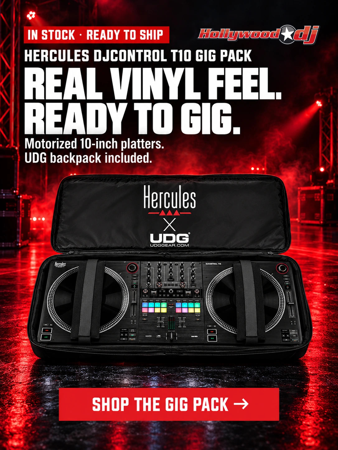 Hercules DJControl T10 Gig Pack in stock at Hollywood DJ: motorized 10-inch platters, UDG backpack included