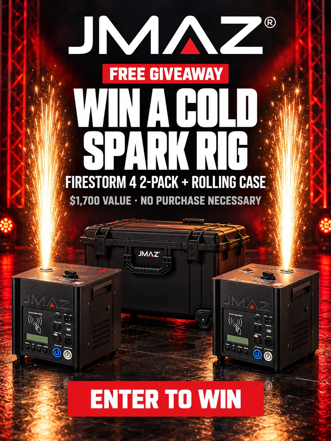 JMAZ Firestorm 4 2-Pack cold spark giveaway: win two Firestorm 4 machines and a rolling case, a $1,700 value. Free to enter, no purchase necessary.