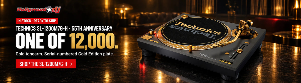 In stock and ready to ship: Technics SL-1200M7G-H 55th Anniversary turntable in gray with gold tonearm, one of 12,000 - Hollywood DJ