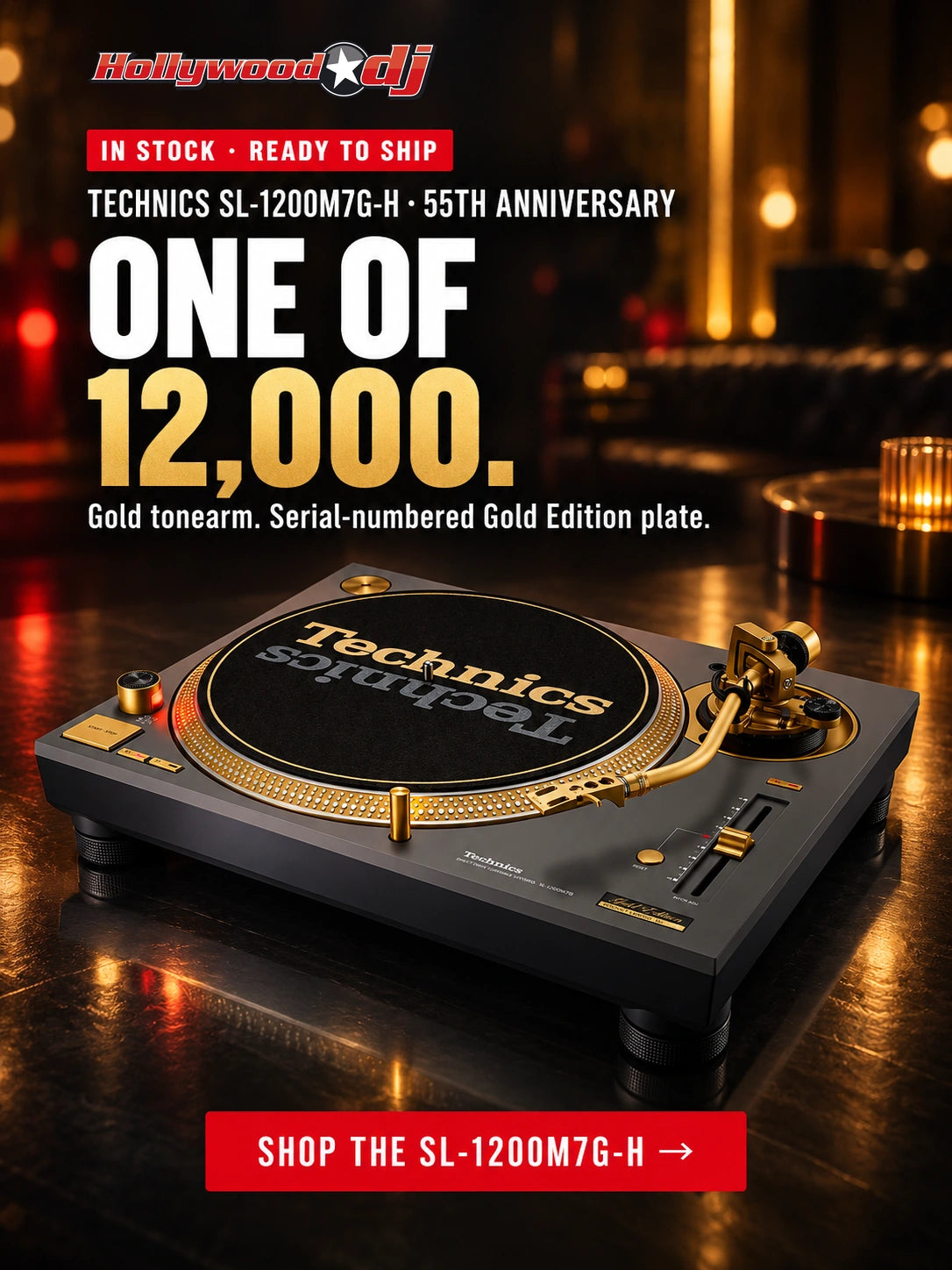In stock and ready to ship: Technics SL-1200M7G-H 55th Anniversary turntable in gray with gold tonearm, one of 12,000 - Hollywood DJ