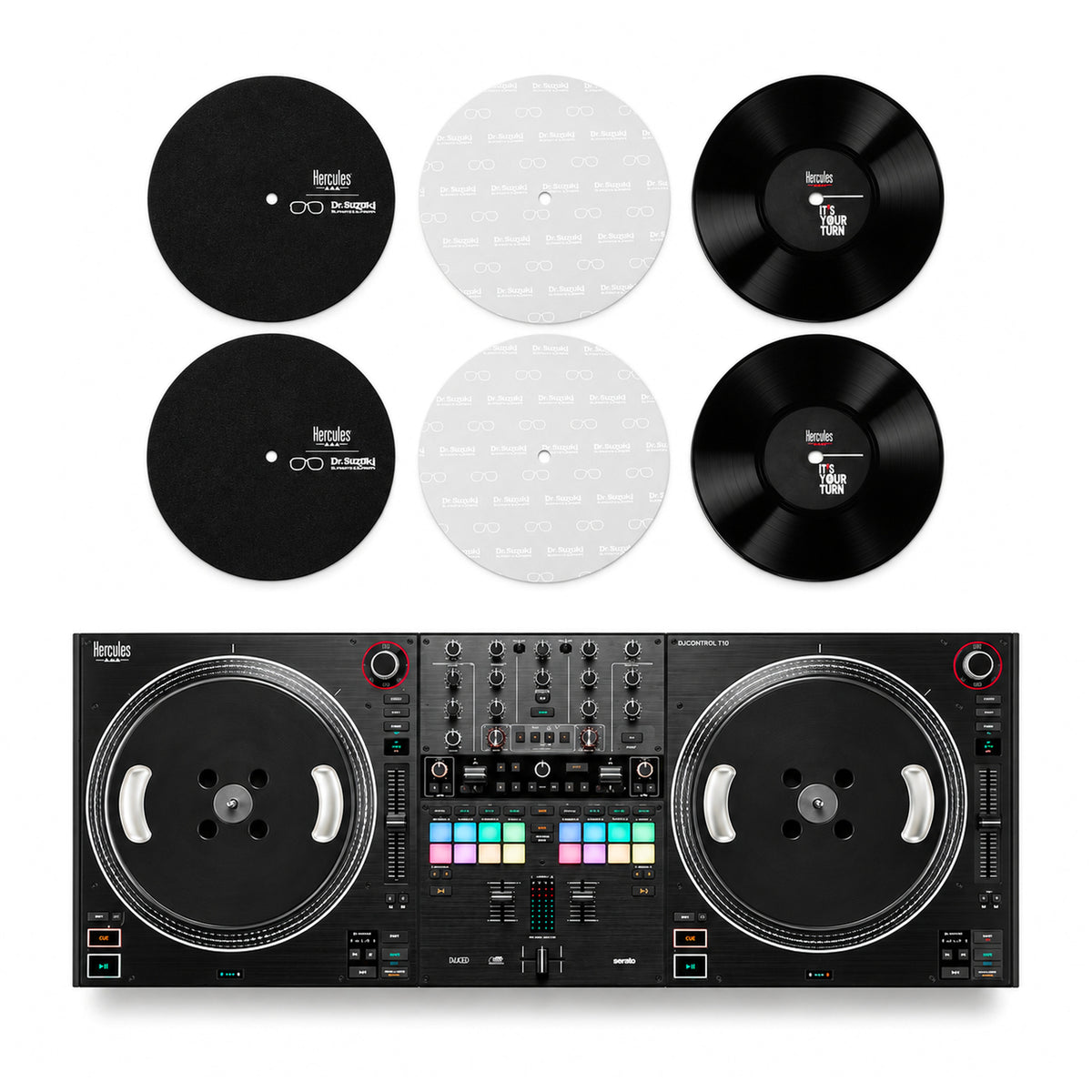 Hercules DJControl T10 controller with its included two 10-inch vinyl discs, two Dr. Suzuki slipmats and two slipsheets, top-down view - Hollywood DJ