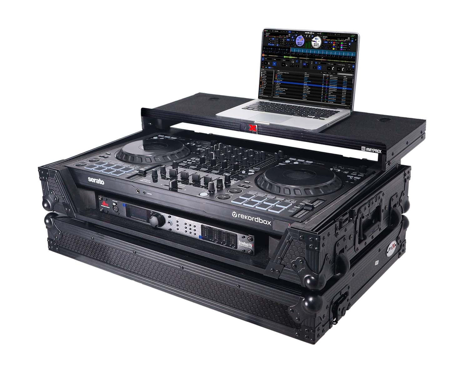 ProX XS-DDJFLX10WLTBLLED ATA Flight Style Road Case For Pioneer DDJ-FLX10 DJ Controller with Laptop Shelf 1U Rack Space Wheels and LED - Black - Hollywood DJ