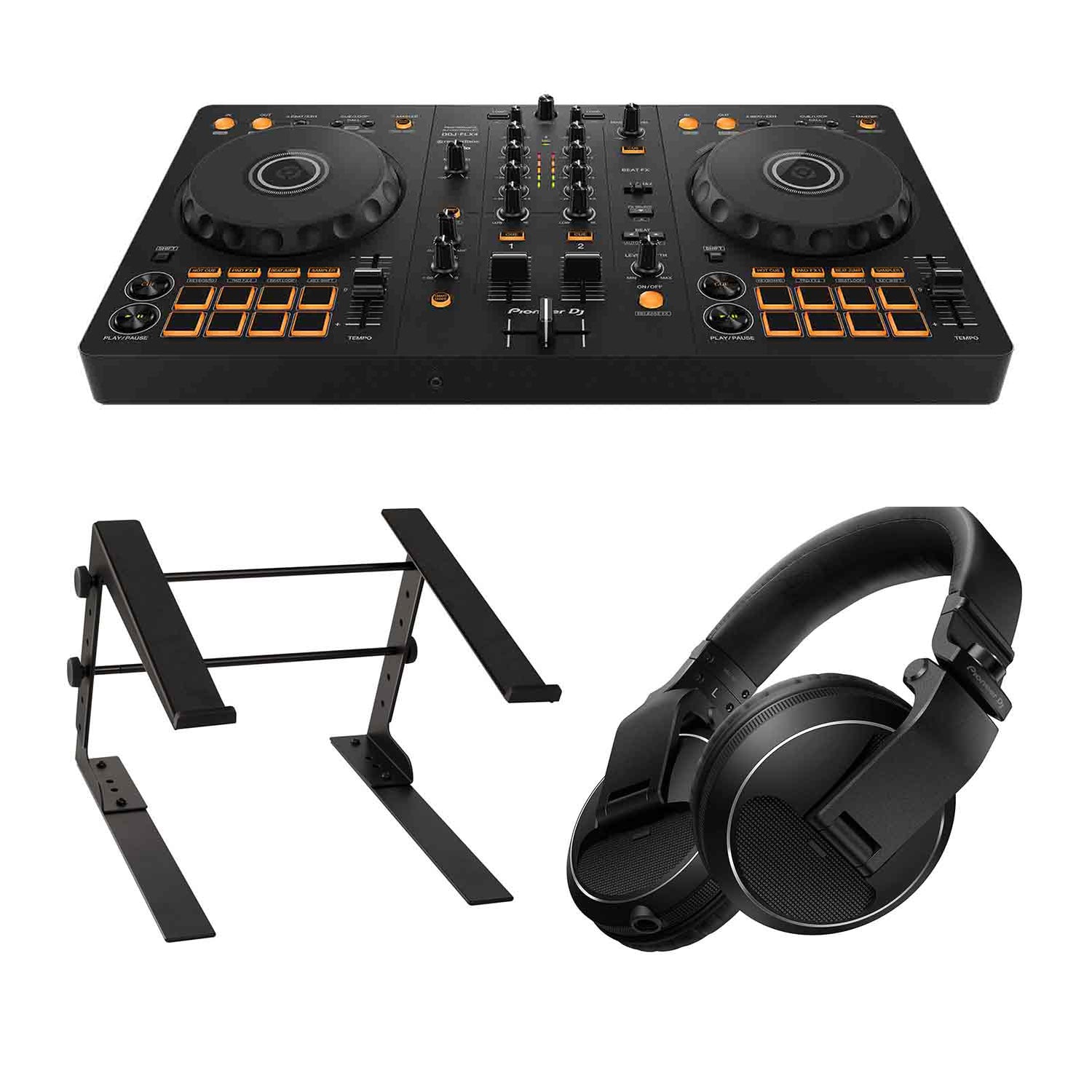 Pioneer DJ DDJ-FLX4, 2-Channel DJ Controller Package with Headphones and Laptop Stand - Hollywood DJ