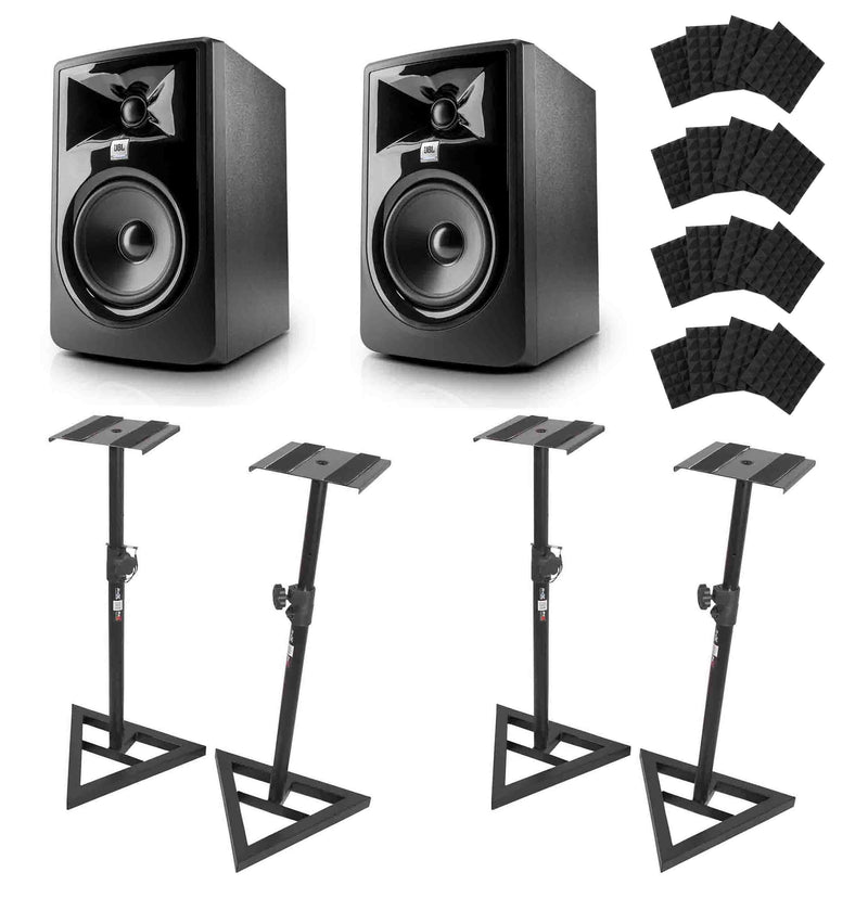 JBL 305P MkII Studio Monitor Package with Black Stands Pair and 8-Pack Pyramid Panel - Hollywood DJ