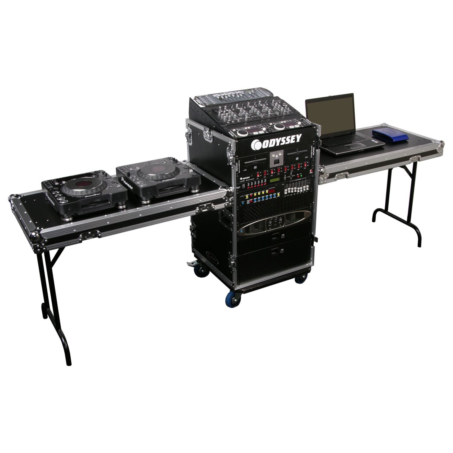 Odyssey FZ1116WDLXII 11U Top Slanted 16U Vertical Pro Combo Rack with Two Side Tables and Casters - Hollywood DJ
