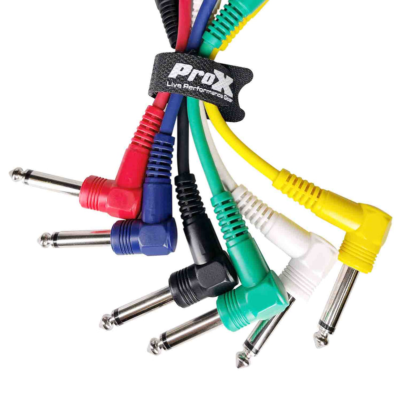 ProX XC-PATCHX6 Guitar Effect Pedal Cables 6" Long - 1/4 Instrument Cables Right Angle Plug Kit (Assorted Colors) - 6 Pack - Hollywood DJ