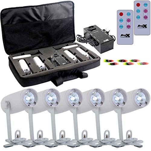 ProX SimpleSpot Package with 6x Cool White Battery-Operated LED Pin Spot Lights, Remote Control, Color Filters, Charging Carry Bag - Hollywood DJ