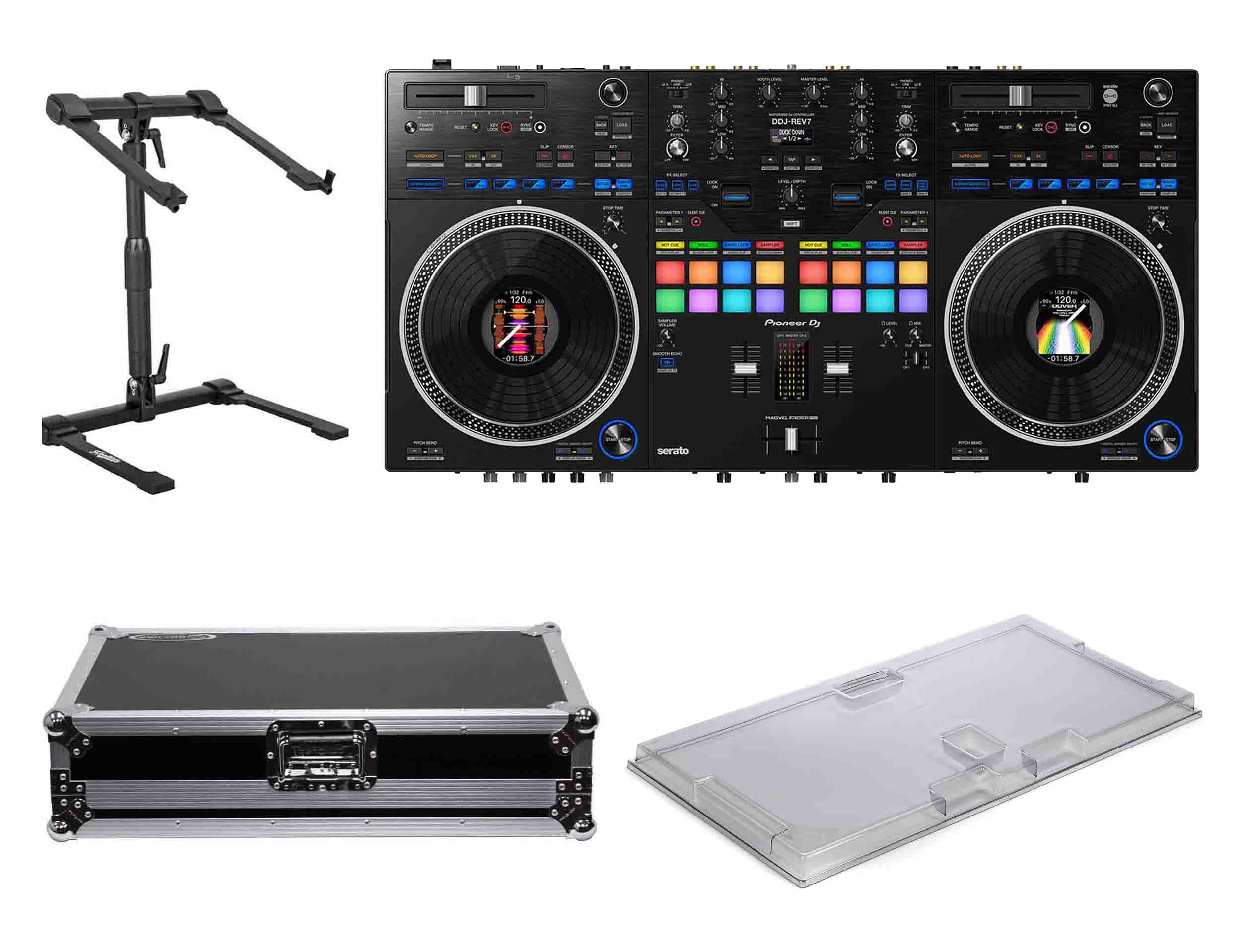 Pioneer DDJ-REV7, 2-Channel DJ Controller Package with Decksaver Cover, Odyssey Flight Case and Headliner Laptop Stand - Hollywood DJ