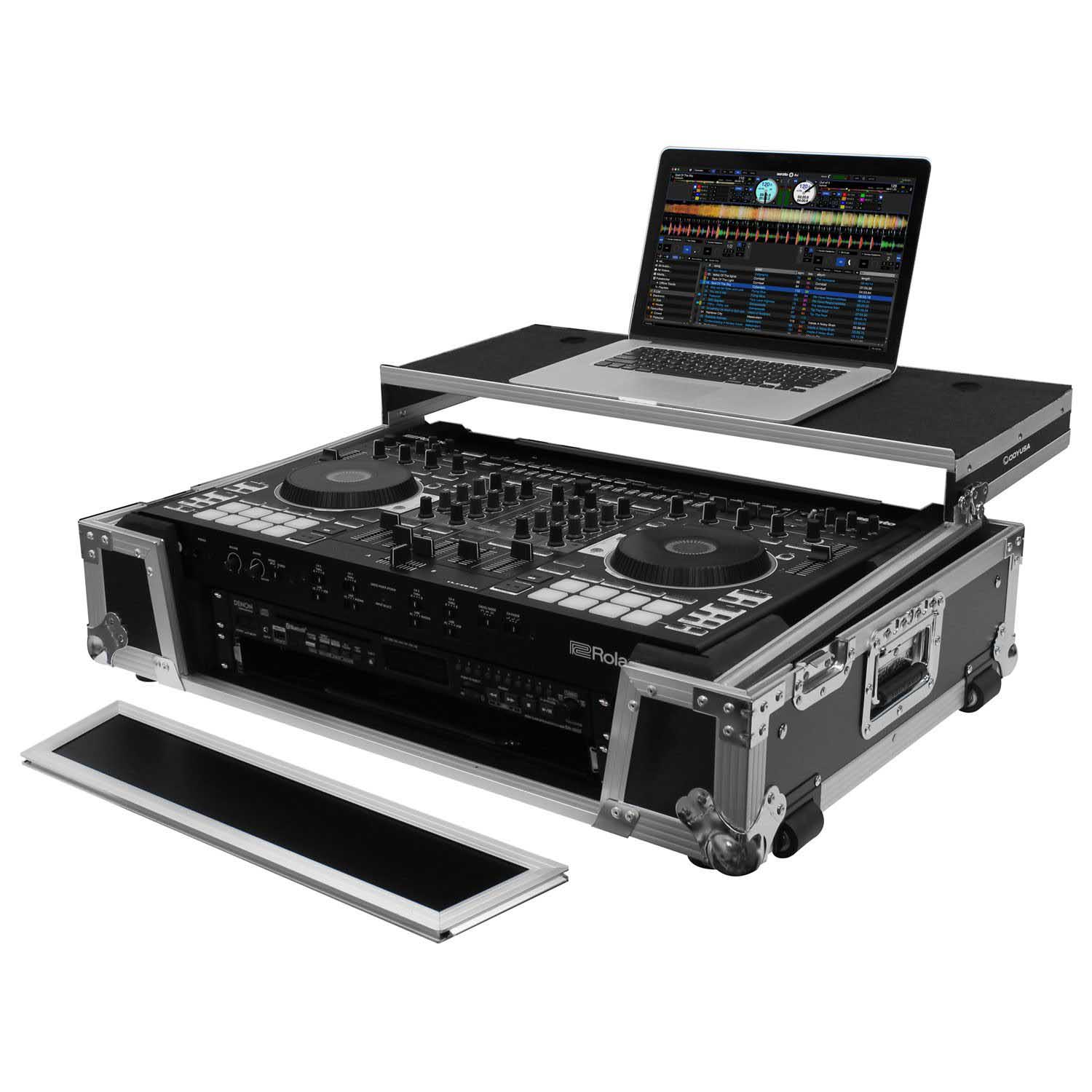 Odyssey FZGSDJ808W2 Flight Case For Roland DJ-808 / Denon MC7000 With 2U Rack Space and Glide Platform - Hollywood DJ