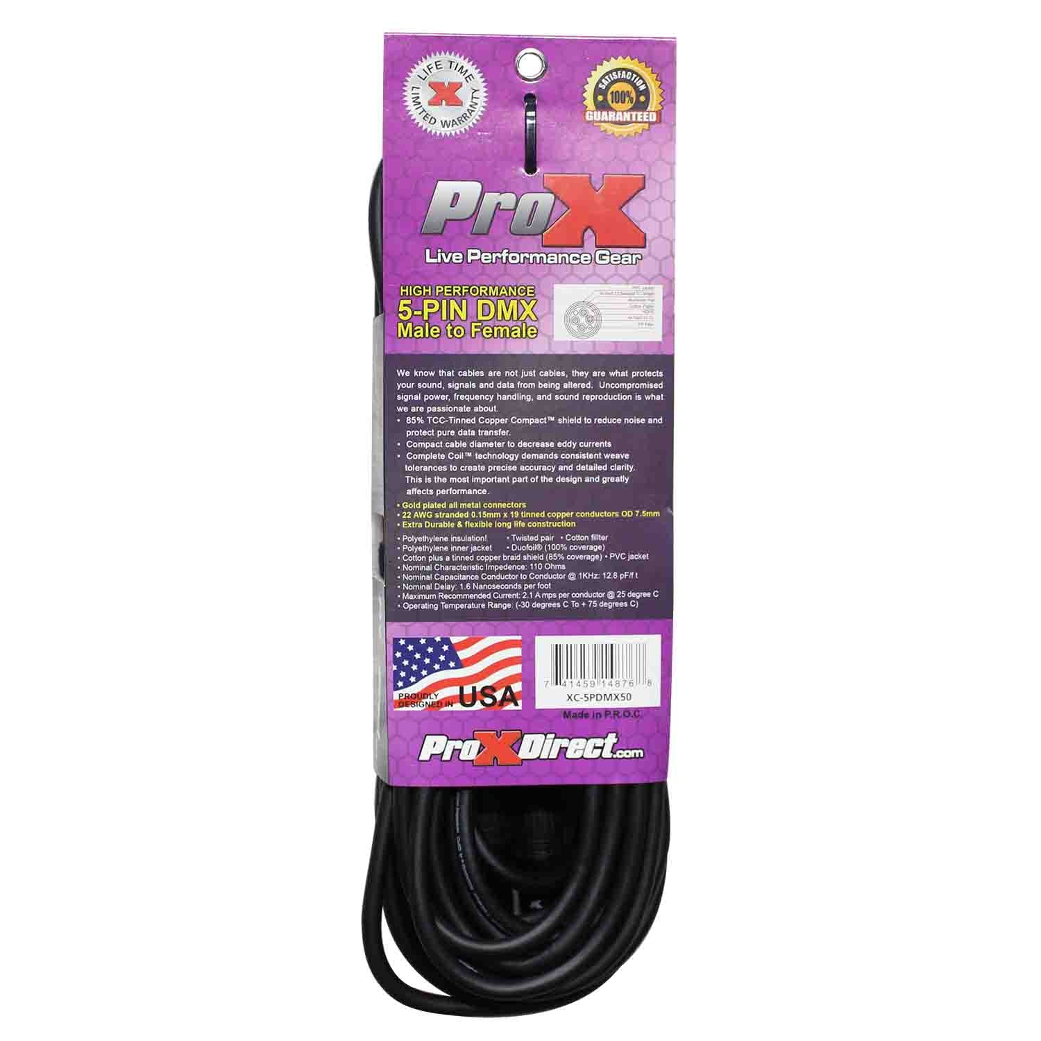 ProX XC-5PDMX50, DMX XLR5-M to XLR5-F High Performance Cable - 50 Feet - Hollywood DJ