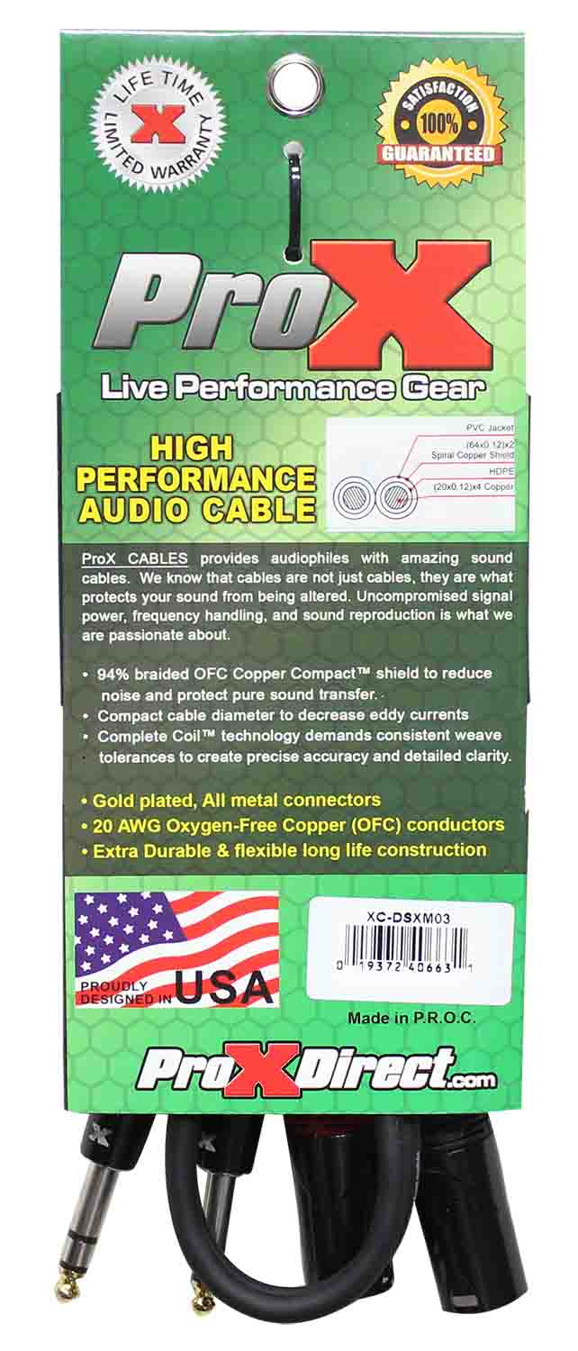 Prox XC-DSXM03 Balanced Dual 1/4" TRS-M to Dual XLR3-M High Performance Audio Cable - 3 Feet - Hollywood DJ