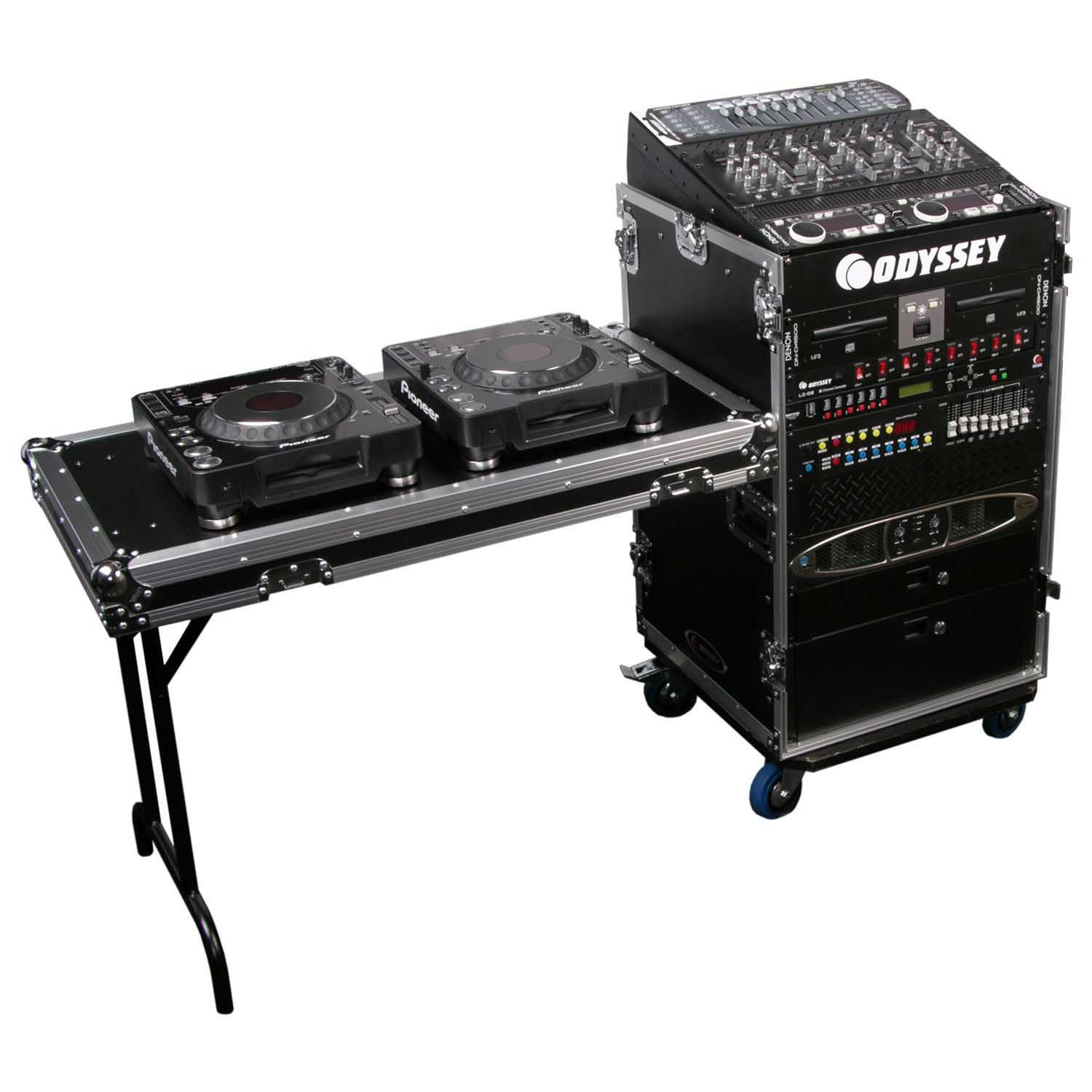Odyssey FZ1116WDLX 11U Top Slanted 16U Vertical Pro Combo Rack with Side Table and Casters - Hollywood DJ