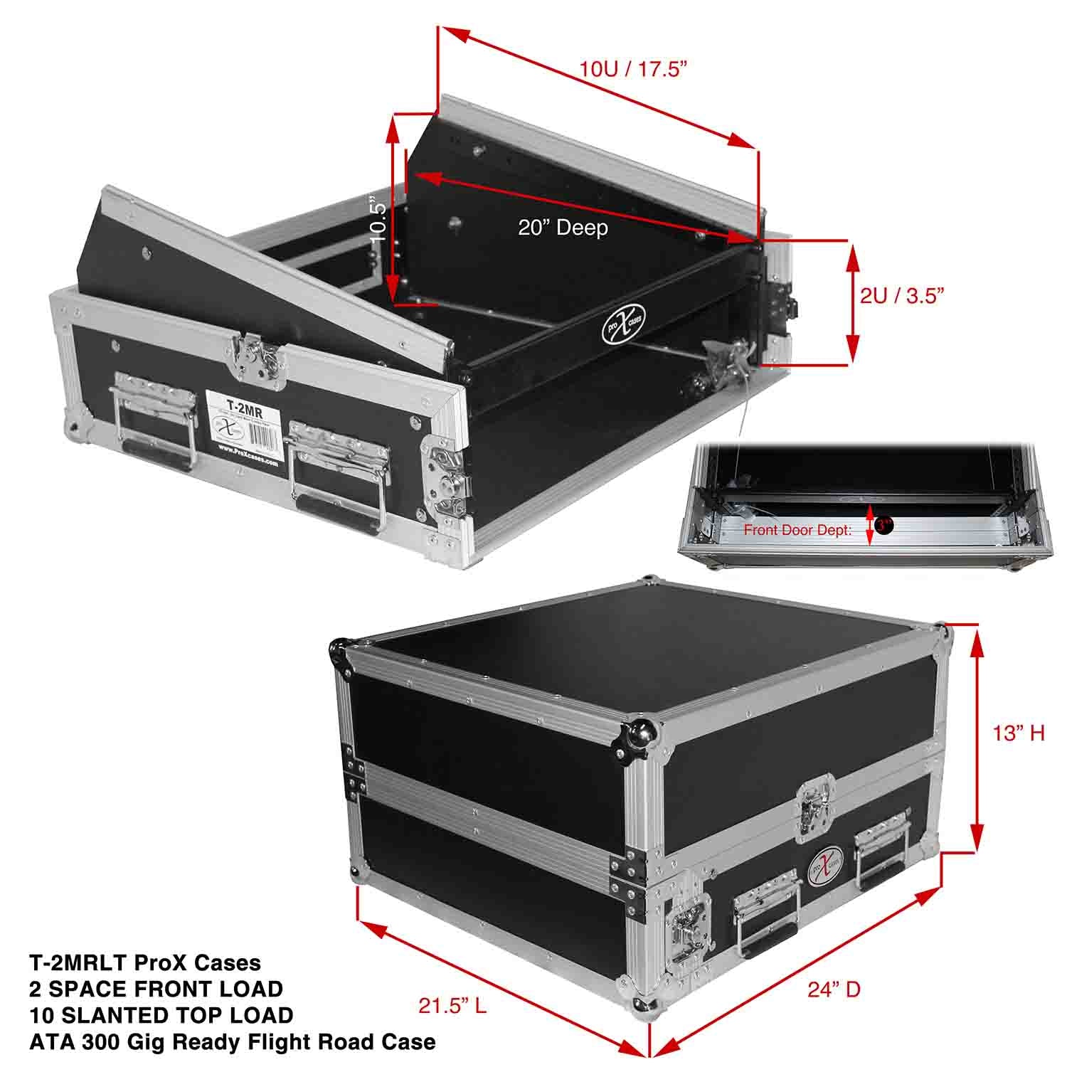 ProX T-2MRLT, 2U Rack x 10U Top Mixer DJ Combo Flight Case with Laptop Shelf - Hollywood DJ