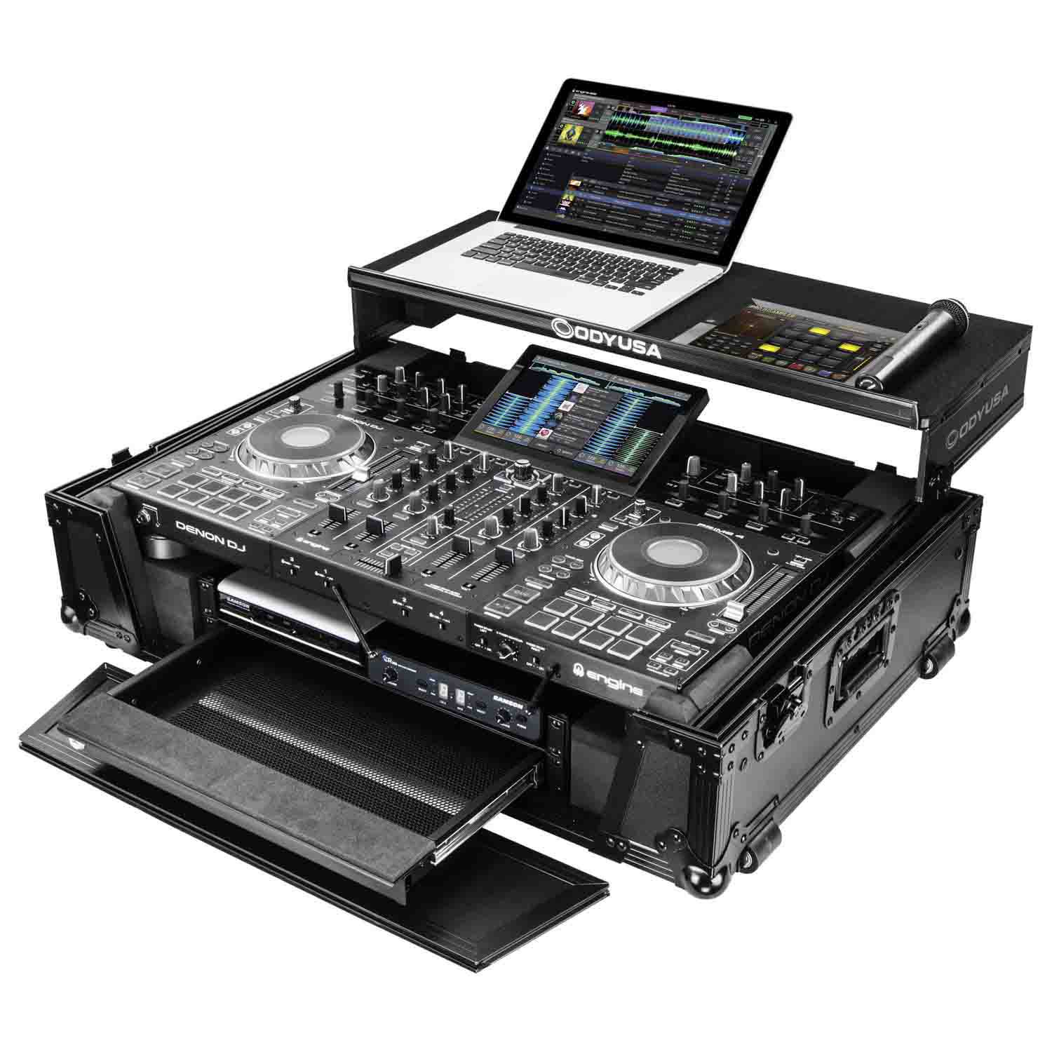 Odyssey FZGSPRIME4W2BL Denon Prime 4 Black Flight Case with Patented Glide Laptop Platform and 2U Rack Space - Hollywood DJ