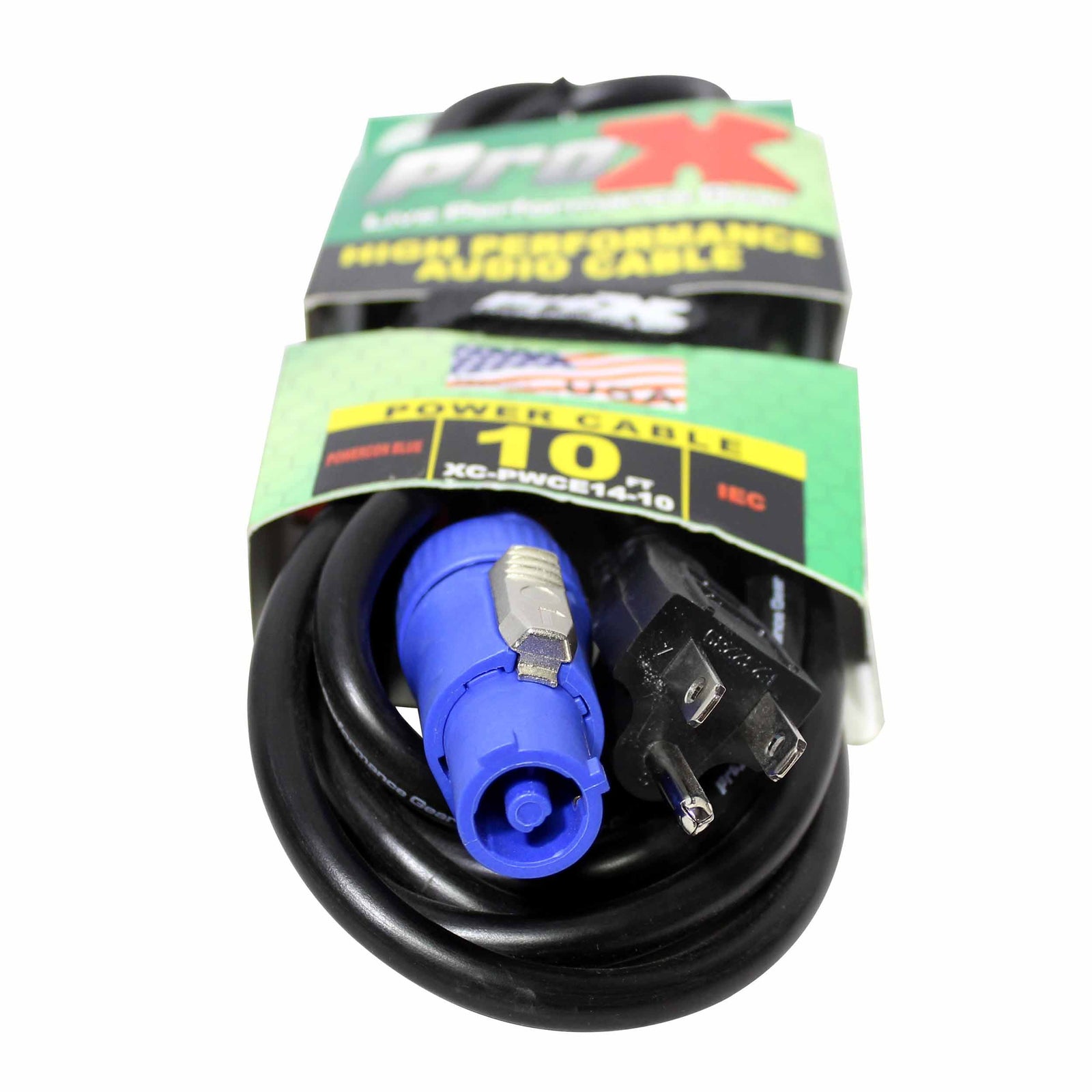 ProX XC-PWCE14-10, 14 AWG High Performance Power Cord NEMA 5-15 Edison to Blue Male for Powercon Compatible Devices - 10 Feet - Hollywood DJ