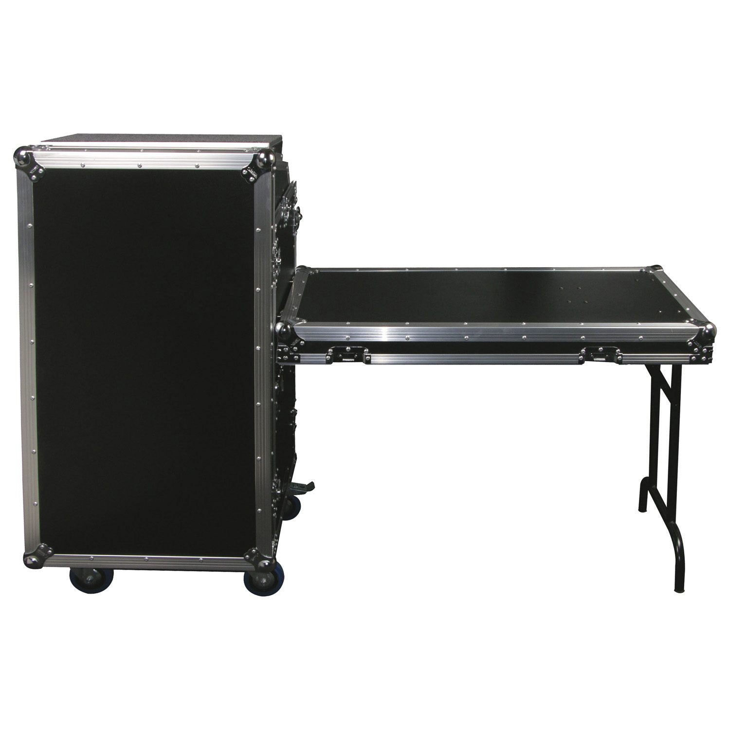 Open Box: Odyssey FZGS1116WDLX Deluxe 11U Top Slanted 16U Bottom Vertical Pro Combo Rack with Casters, Side Table, and Glide Platform - Hollywood DJ