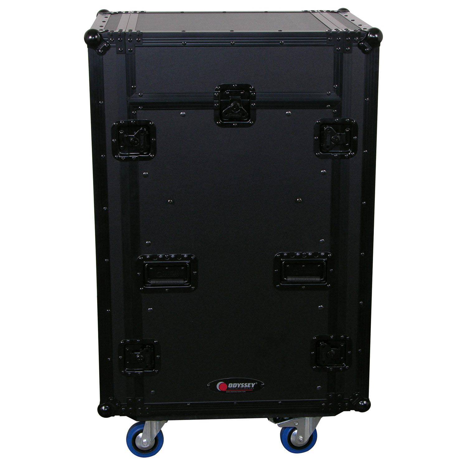 Odyssey FZGS1116WDLXBL Deluxe Black 11U Top Slanted 16U Bottom Vertical Pro Combo Rack with Casters, Side Table, and Glide Platform - Hollywood DJ